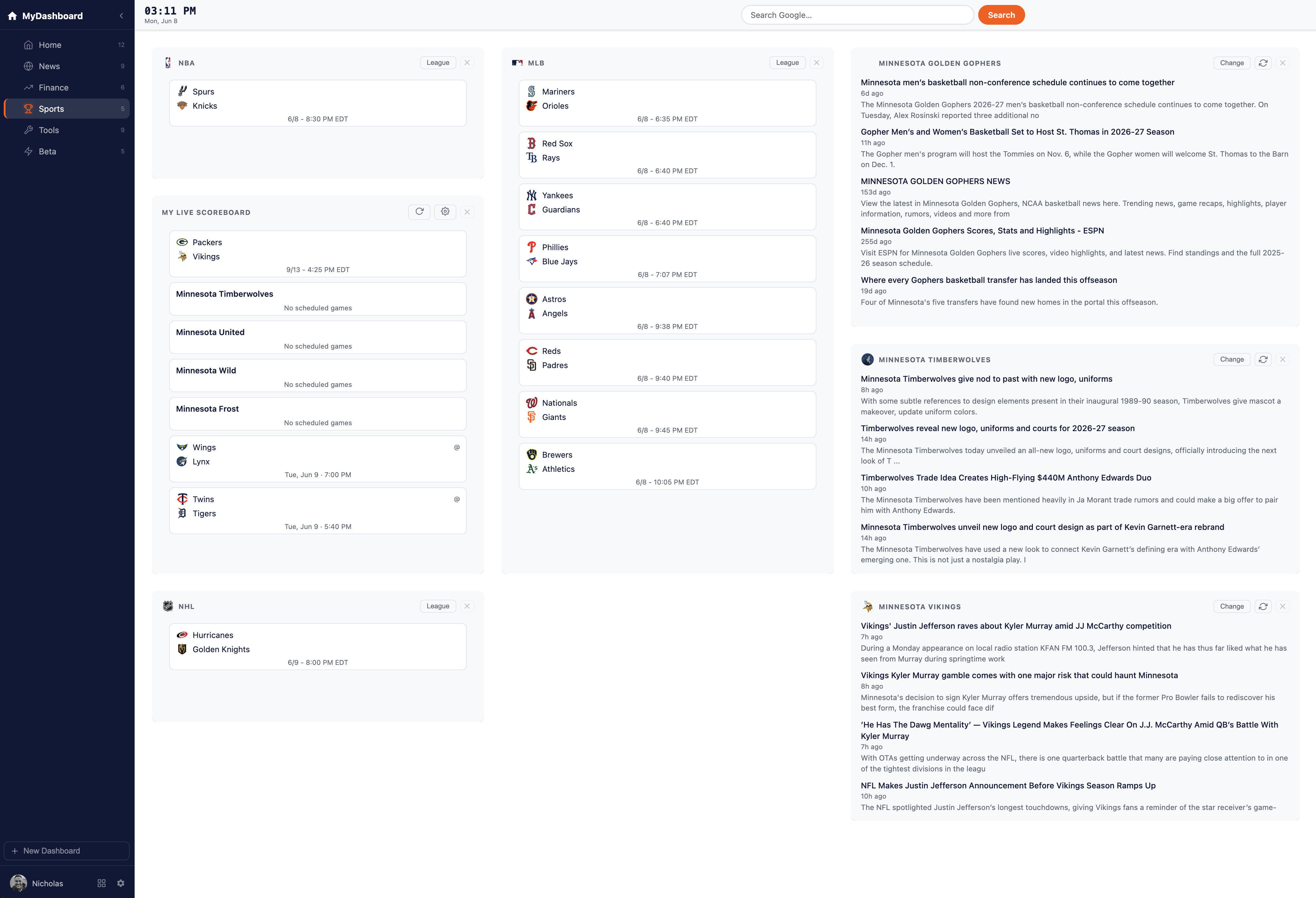 MyDashboard — sports dashboard