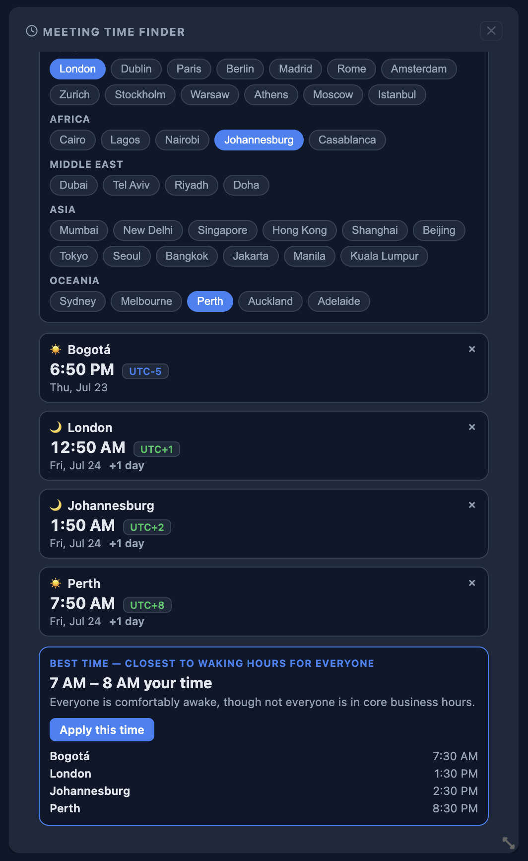 Meeting Time Finder widget